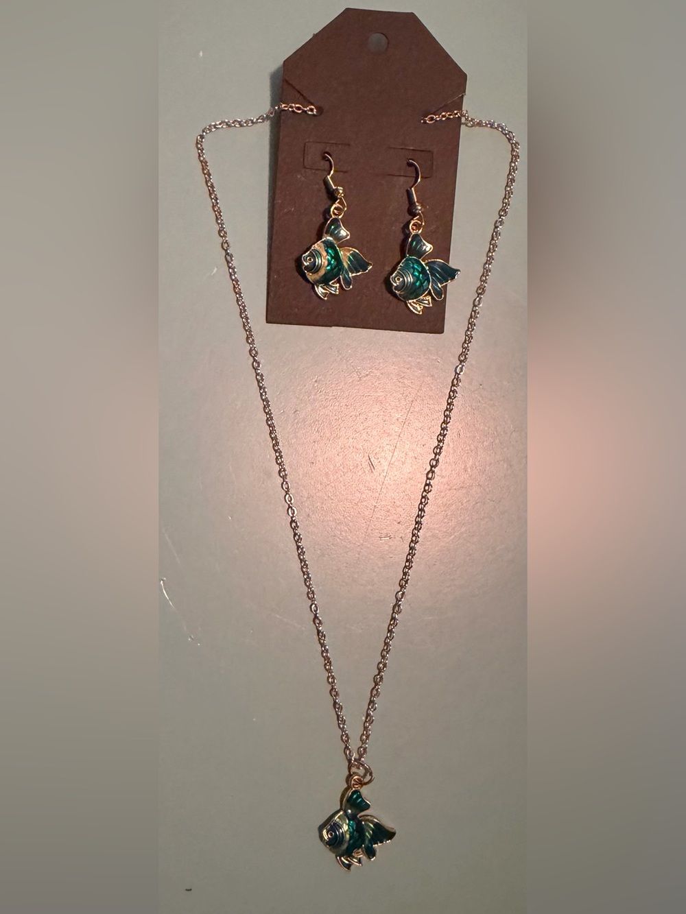Gold-Tone Fish Pendant Necklace and Earring Set - Blue/Green Enamel
